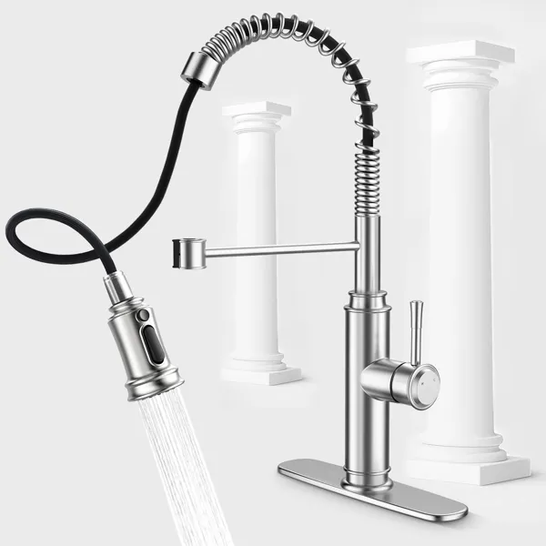 Kitchen Faucet - Spring Kitchen Sink Faucet with 3 mode pull-down sprayer Single handle and deck for 1 or 3 holes 360° rotation spot resistant Stainless steel no lead