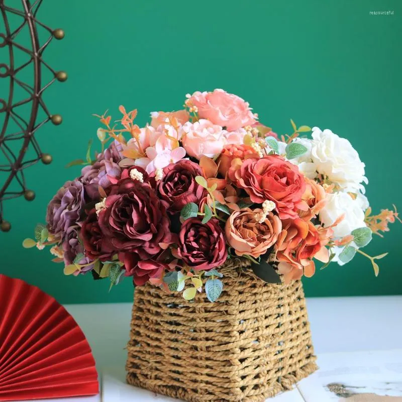 Decorative Flowers European Style 6 Heads Retro Rose Silk Peony Fake Flower Simulation Bouquet Wholesale Wedding Staircase Decoration Home