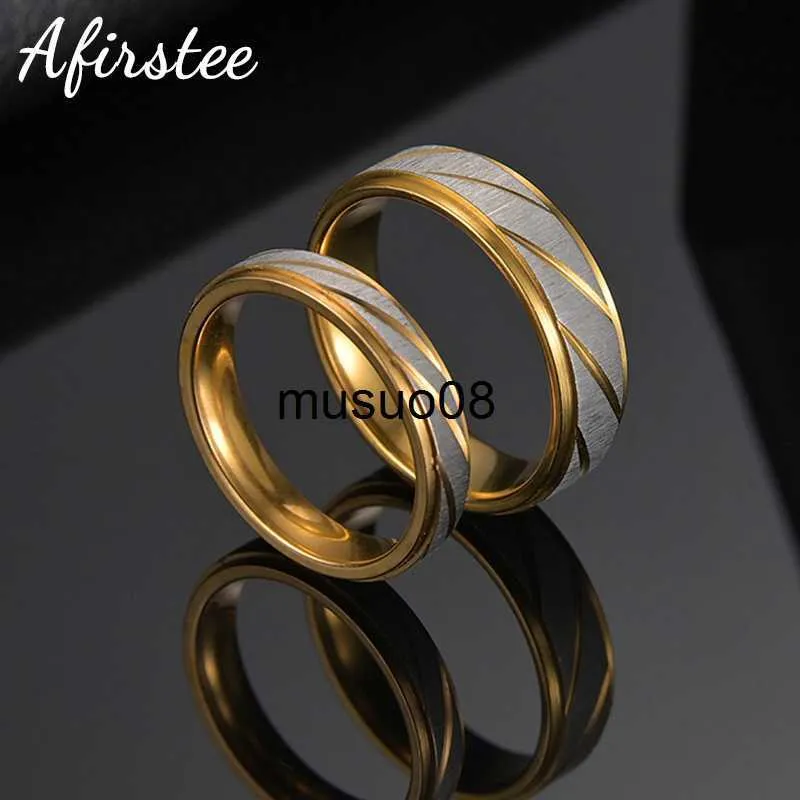 Bandringe Afirstee 1 Paar Edelstahl Paar Ring Gold Farbe Frosted Wellenmuster Liebhaber Eheringe für Schatz Schmuck Geschenk J230602