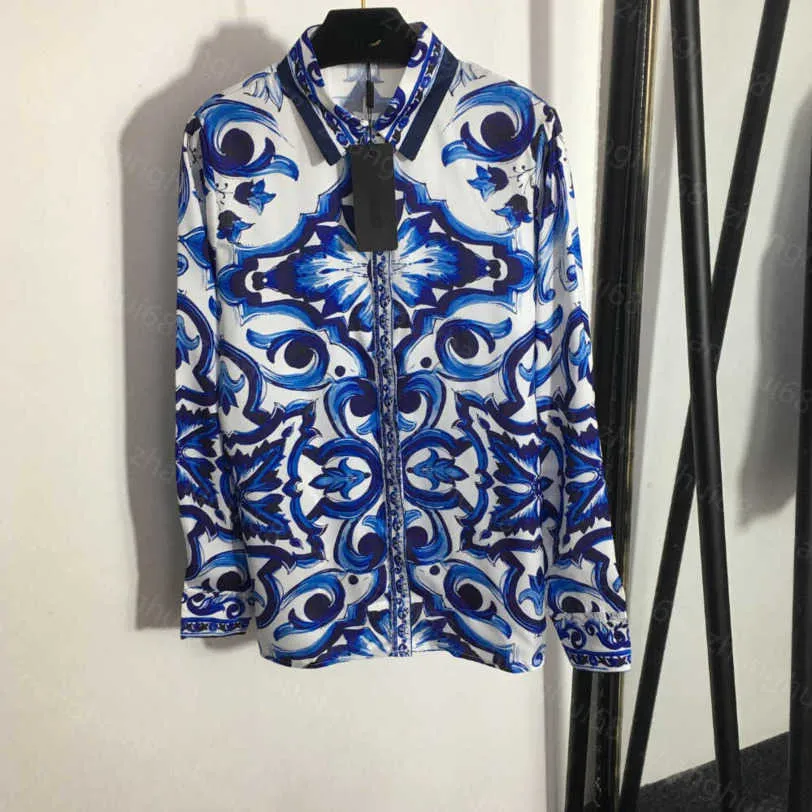 Camicetta da donna a collo alto 23ss Camicia da donna firmata da donna Camicia da temperamento a maniche lunghe stampata in porcellana blu e bianca Vestiti da donna di alta qualità a1