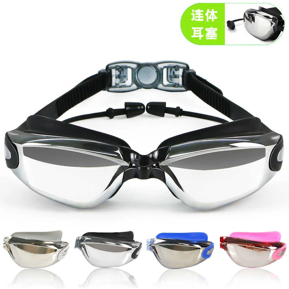 Large Frame Swimming Goggles For Adults General Waterproof And fog-proof Electroplating one-piece Earplug Swimming Goggles