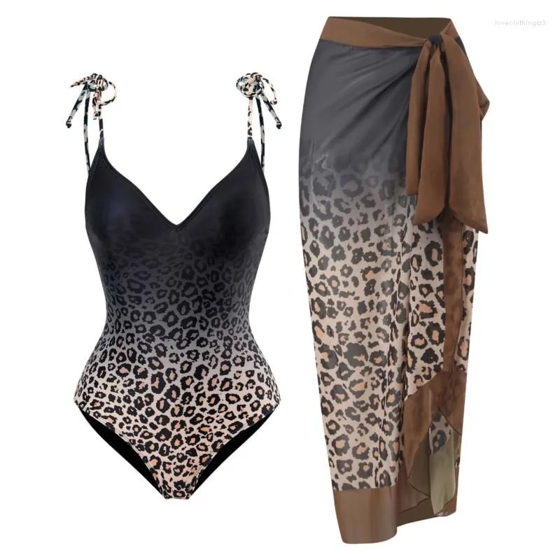 Costumi da bagno da donna Costume da bagno intero da donna con scollo a V leopardato graduale con gonna lunga da spiaggia Sarong Cover Up Costume da bagno con controllo della pancia