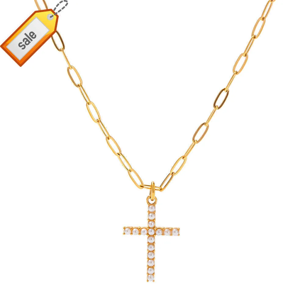 Nyaste Cross Pendant Imitation Pearl Bead Splicing Halsband Rostfritt stål Papperslipskedja smycken