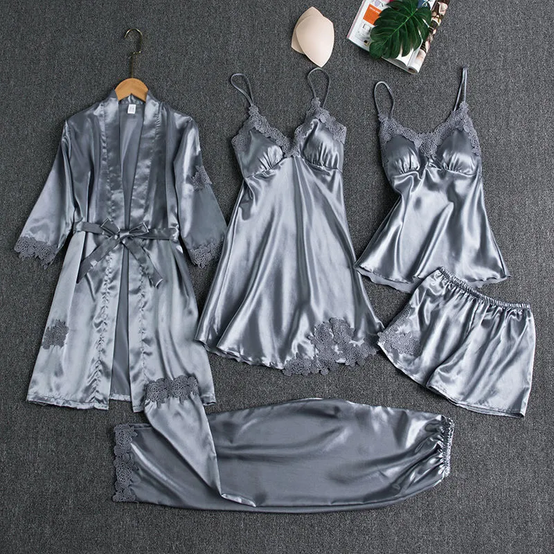 Womens Sleepwear Female 5PCS Pajamas Set Satin Pyjamamas Lace Patchwork Bridal Wedding Nightwear Rayon Home Wear Nighty Robe Suit 230601