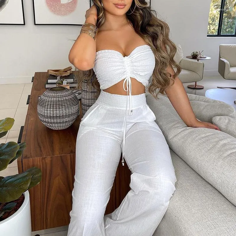 Women's Two Piece Pants 2023 Summer Women Casual White Suit Sets Sleeveless Drawstring Bandeau Crop Top Shirred High Waist Long