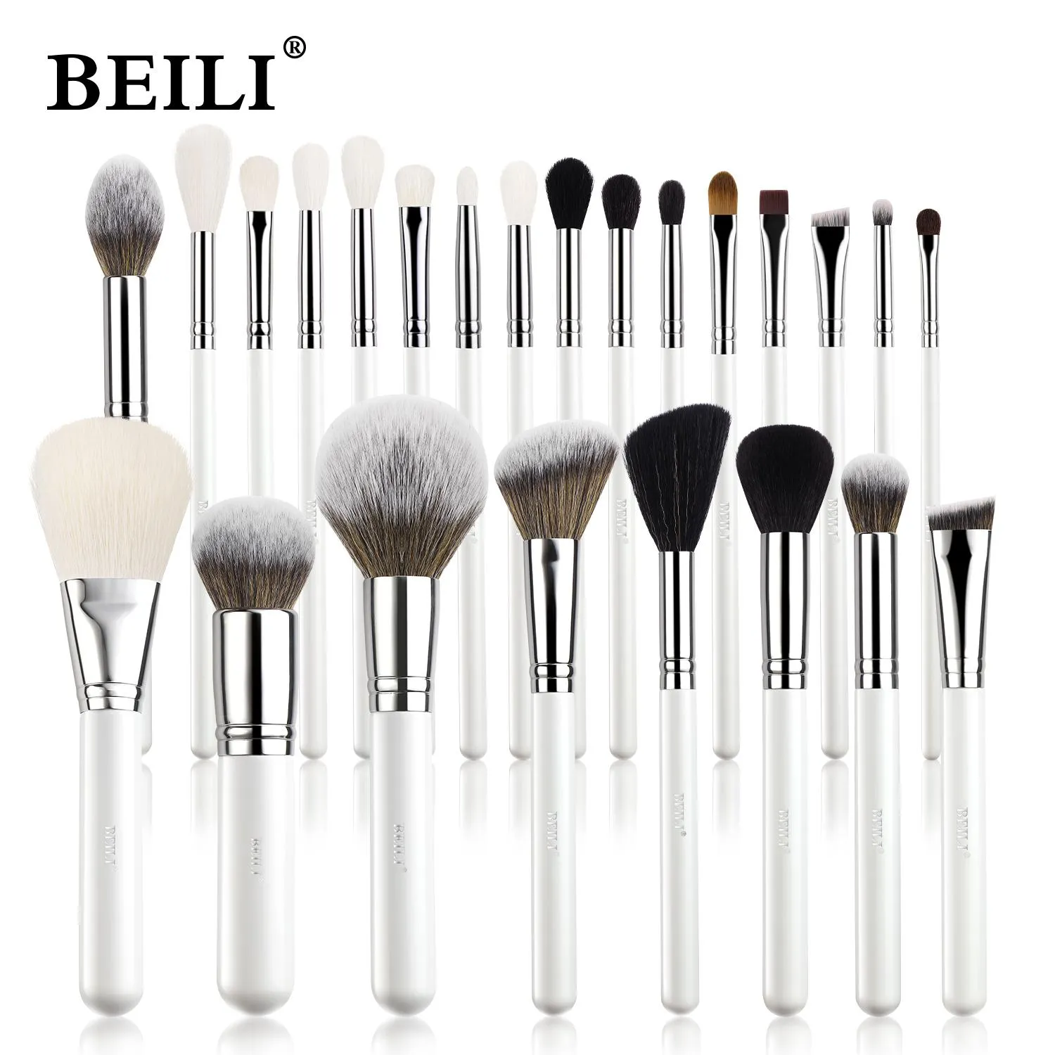 Pennelli BEILI Set di pennelli per trucco 24 pezzi Strumenti per trucco per donna Fondotinta in polvere Ombretto Pennello per fard Pelo di capra naturale Bianco/Argento