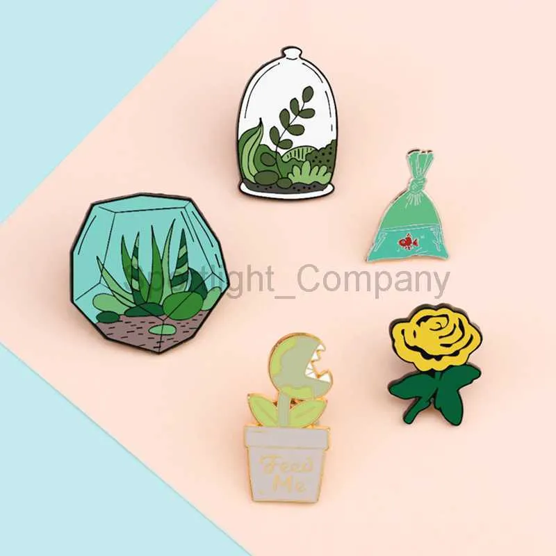 Broches de plantes aquatiques en pot, Terrarium, Cactus, fleur, sac de poisson, épingles en émail de poisson rouge, vêtements de dessin animé, Badge à revers, bijoux pour enfants