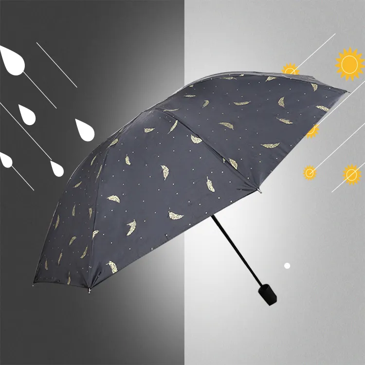 Creative feather black glue sun umbrella meet water flowering clear umbrella folding sun protection umbrella