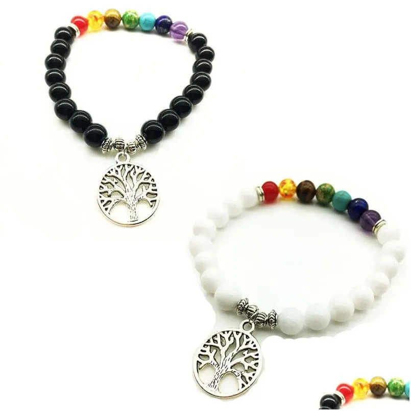 Perlé 8Mm Arc-En-Ciel Naturel 7 Chakra Perles Pierre Bracelets Arbre De Vie Pendentif Noir Blanc Bracelet Stretch Yoga Bijoux Drop Deliver Dhvet