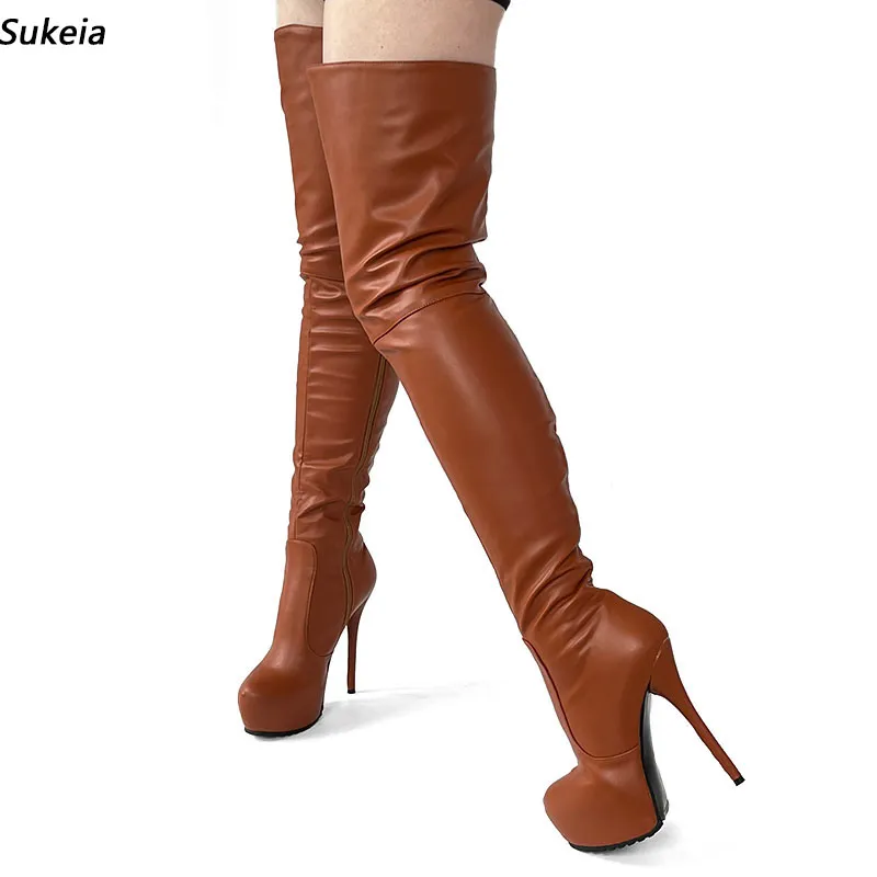 Sukeia nouveauté femmes hiver cuissardes unisexe talons aiguilles bout rond marron chaussures de fête dames taille américaine 5-20