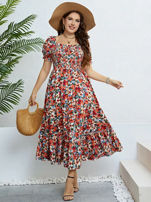 Basic Casual Dresses Plus Size Women Clothing Puff Sleeve Floral Maxi Dress Square Collar a Line Cotton Robe Summer Boho Midi Elegant 230601