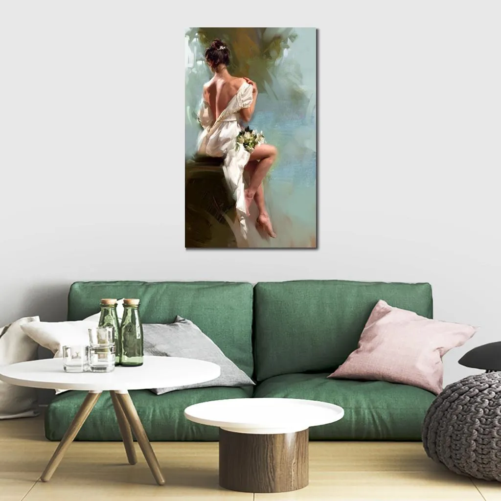 Colorful Figure Painting on Canvas Naked Back with White Flower Unique Handcrafted Artwork Home Decor for Bedroom