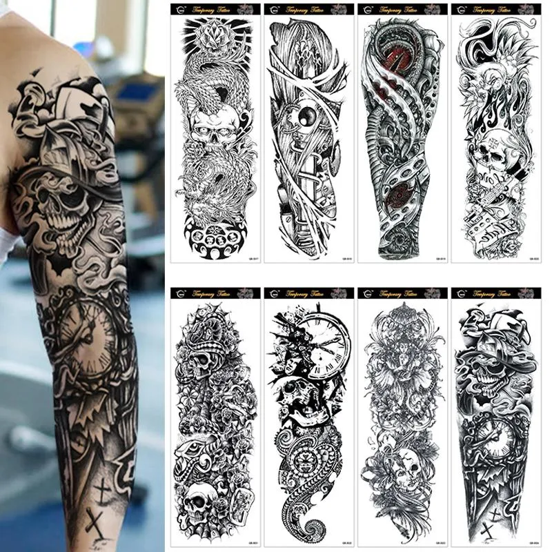 Tatueringar 20 ark stor full arm tillfällig tatuering klistermärke män kvinnor cool skalle skog fisk ben axel ärm falsk kroppskonst totem