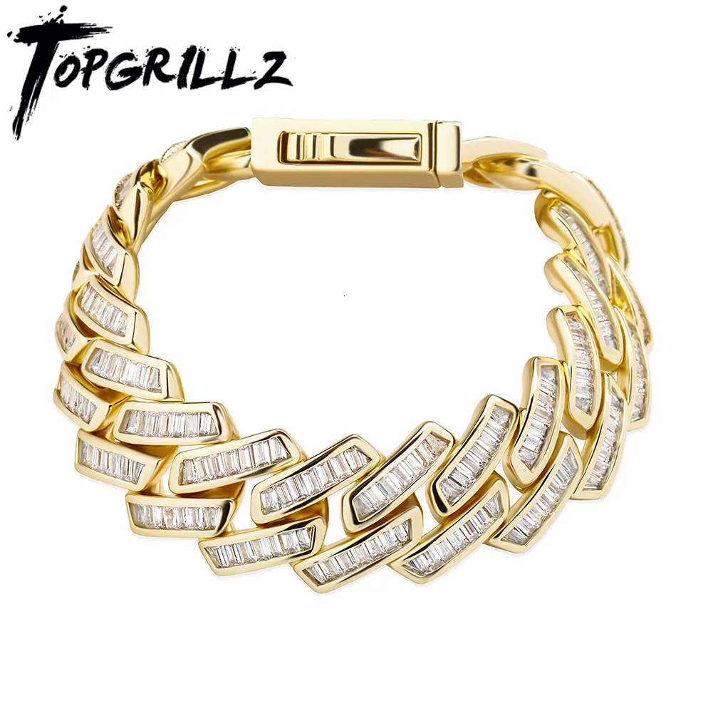 Bracelets porte-bonheur TOPGRILLZ Mens Bracelet 18mm Baguette Prong Cubain Lien CZ Iced Out Chaîne Haute Qualité Hip Hop Bijoux De Luxe Pour Cadeau 230602