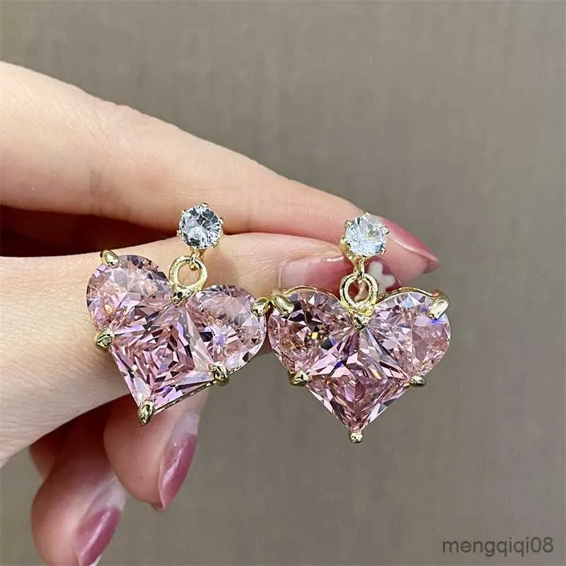 Stud Fashion Pink Love Heart Crystal Earrings for Women Diamond Earring Wedding Engagement Birthday Party Gift Jewelry