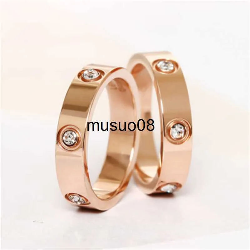 Band Rings Trendy Stainless Steel Rose Gold Color Love Ring for Women Men Couple CZ Crystal Rings Luxury Brand Jewelry Wedding Gift KK050 J230602