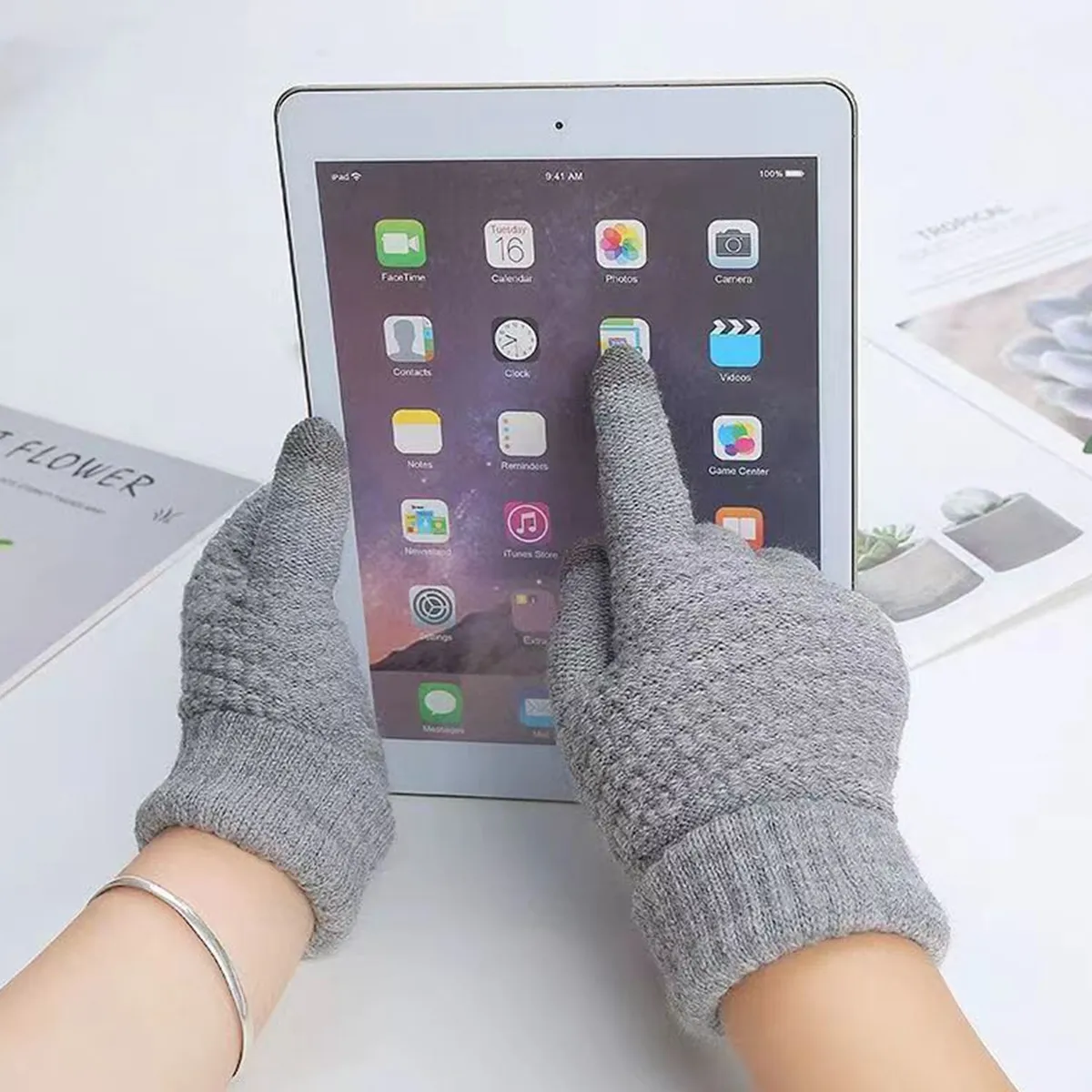 Jacquard Knitted Touch Screen Men Women`s Winter Plush Thick Warm Gloves