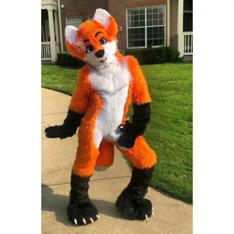 Long Furry Fox Fursuit Halloween Jambe Droite Costume De Mascotte Canine Accessoires De Fête À La Main Multi Couleur Patchwork Orange Blanc