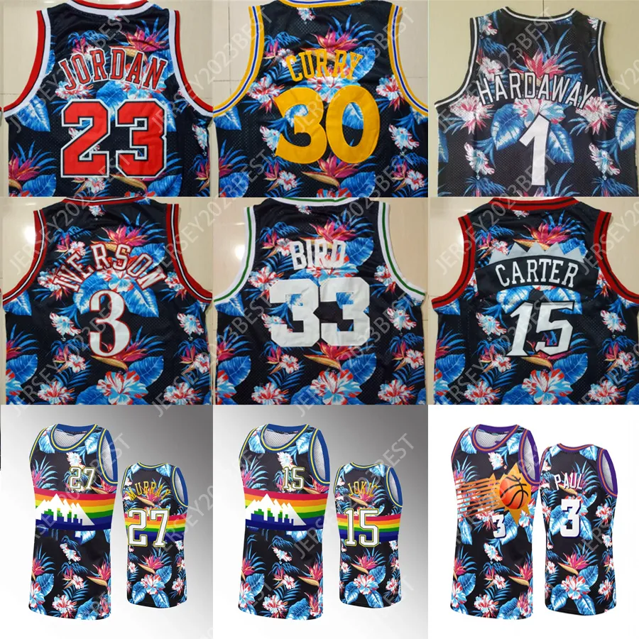 Clásicos de moda florales negros personalizados 15 Jokic 27 Murray 3 Iverson 30 curry 1 Hardaway 33 Bird 3 paul 15 carter hombres mujeres jóvenes camisetas de baloncesto