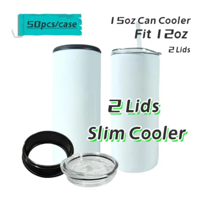 Promotion! Local warehouse! 15oz Sublimation Slim Can Cooler with dual Lid L01