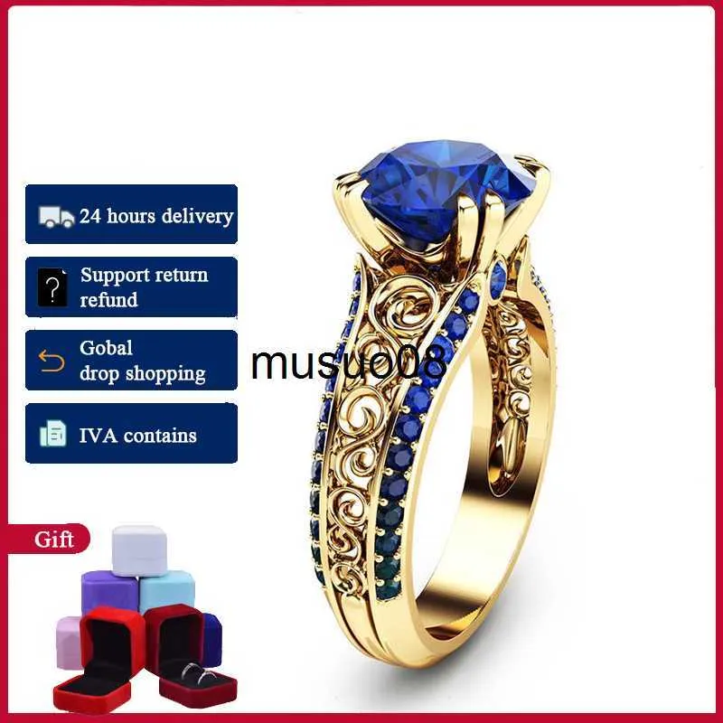 Band Rings Hoyon 14K Gold Color Blue Sapphire Ring for Women Wedding Jewelry Diamond Style Ring Red Gemstone Ruby Rose Ring gratis frakt J230602