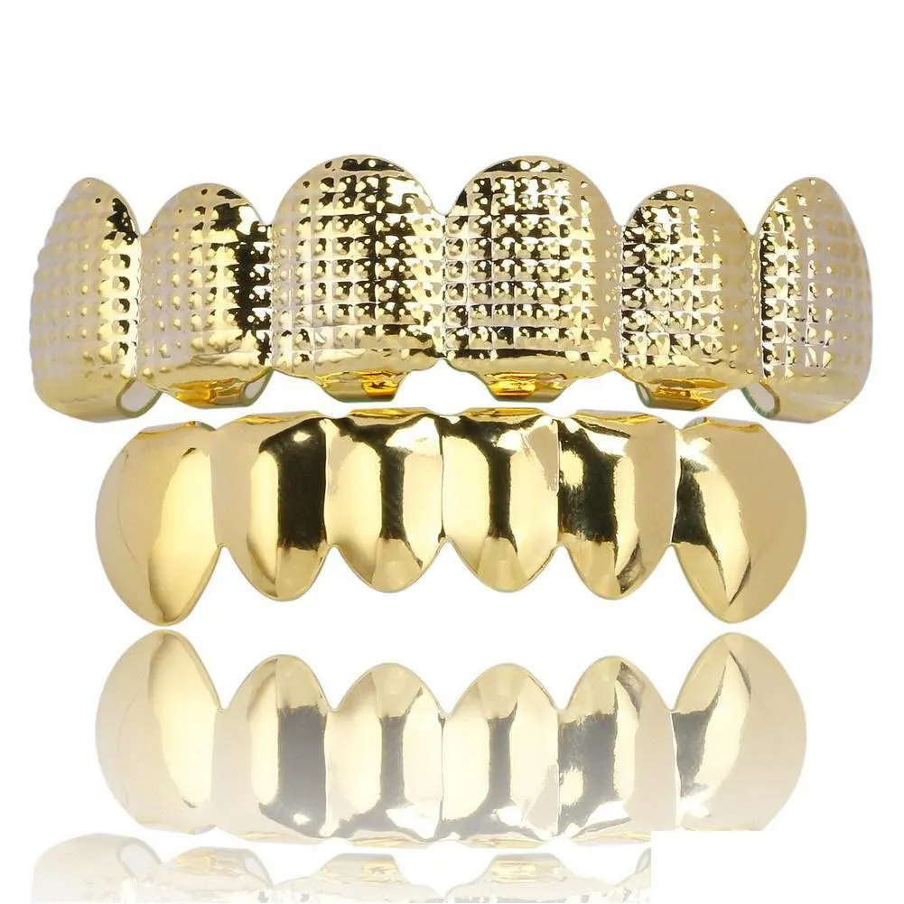 Grillz Dental Grills Punk Hip Hop Teeth Grillz 6 Övre botten Guld Sier Color False Set Bump Lattice Drop Leverans smycken DH2M7