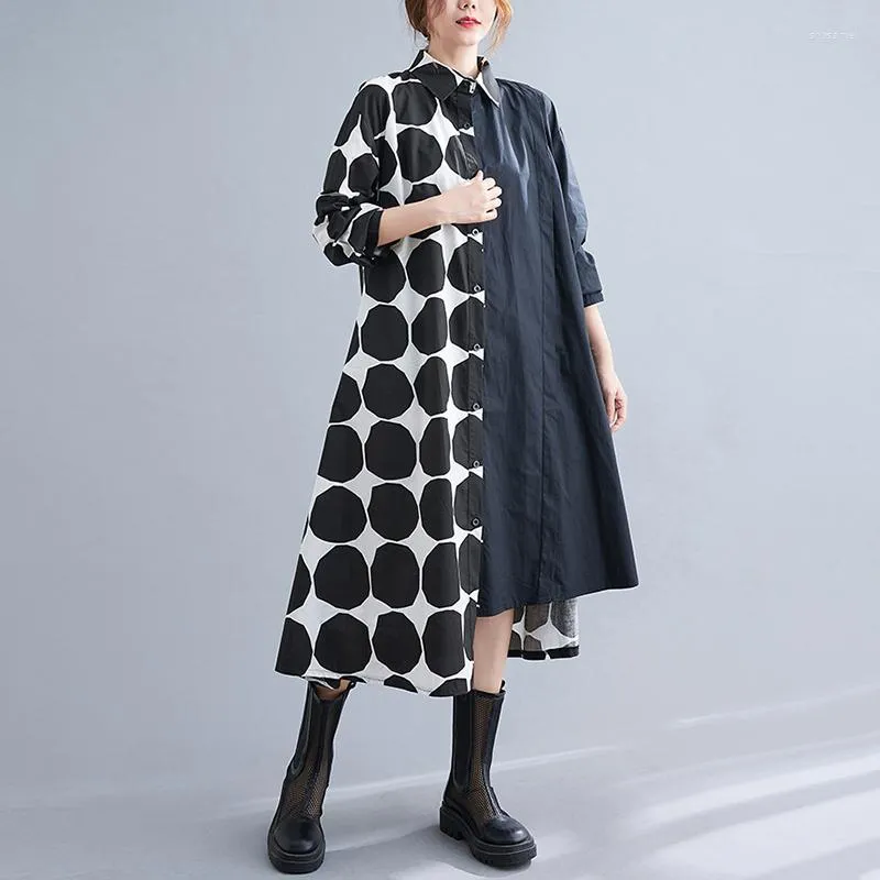 Casual Dresses Cotton Polka Dot Print Vintage Shirt For Women Long Sleeve Loose Midi Dress Fashion Clothing Spring Autumn 2023