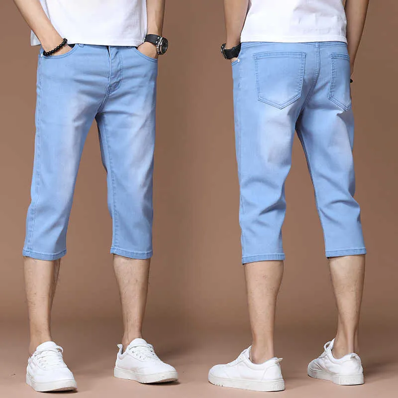 6 Färg Classic Summer Elastic Thin Casual Denim Cutting Long Sleeve Men's Blue Jeans Shorts P230602