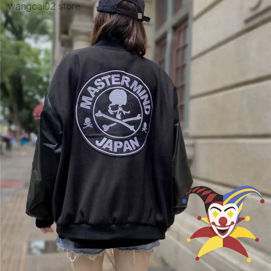 Men's Jackets Embroidered Skull Mastermind World Varsity Jacket Sheep Leather Sleeve Men Women Baseball Jacket T230602