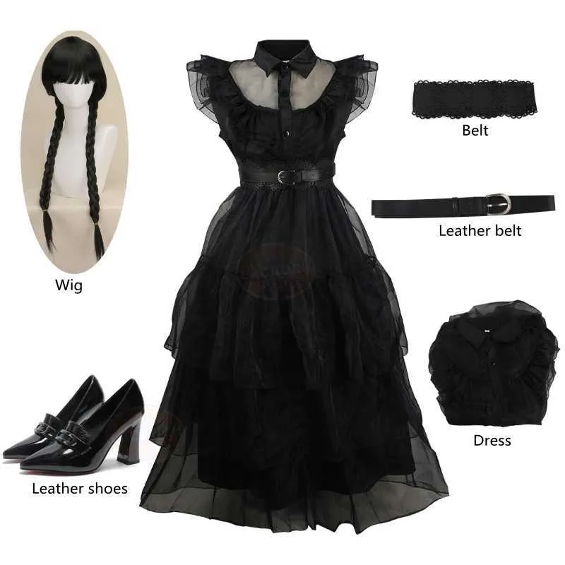 Anime -Kostüme Cosplay Mittwoch Addams Kleider Perücke Addam kommen Erwachsene Kinder Schwarzer langer Rock Gothic Prom Party Girl Frauen z0602