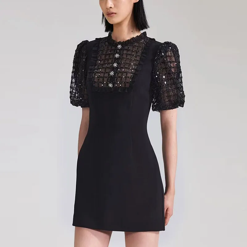 2023 Designer Party Dresses Black Platinum Sequin Bubble Sleeves Academy Style Kort kjol Summerklänning