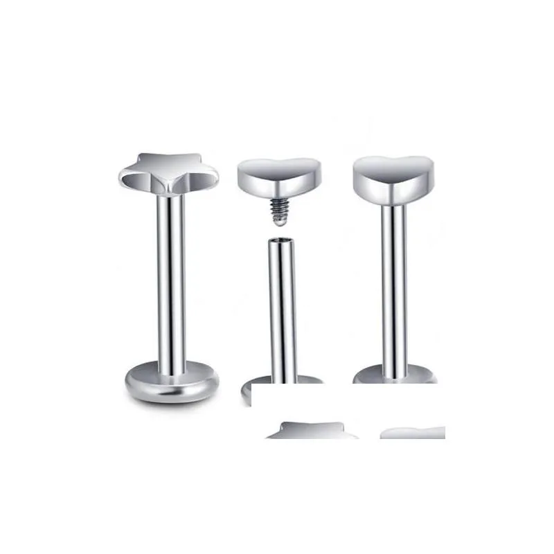 Jóias Labret Piercing Labial 1,2X8Xm 16G Ouro Estrela Coração Rosca Interna Top Gem Labret Anel Zircão Brinco Tragus Drop Delivery Dhv1R