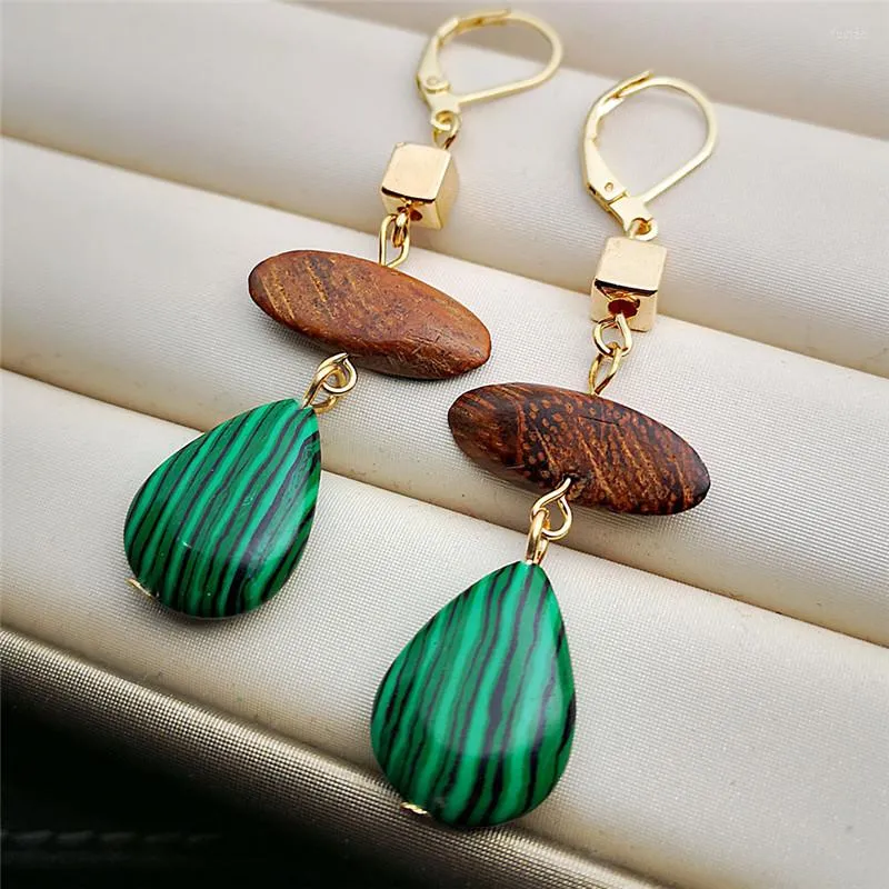 Boucles d'oreilles pendantes Style Antique couleur or vert Malachite et bois gemme goutte d'eau pour les femmes mariage fiançailles déclaration boucle d'oreille