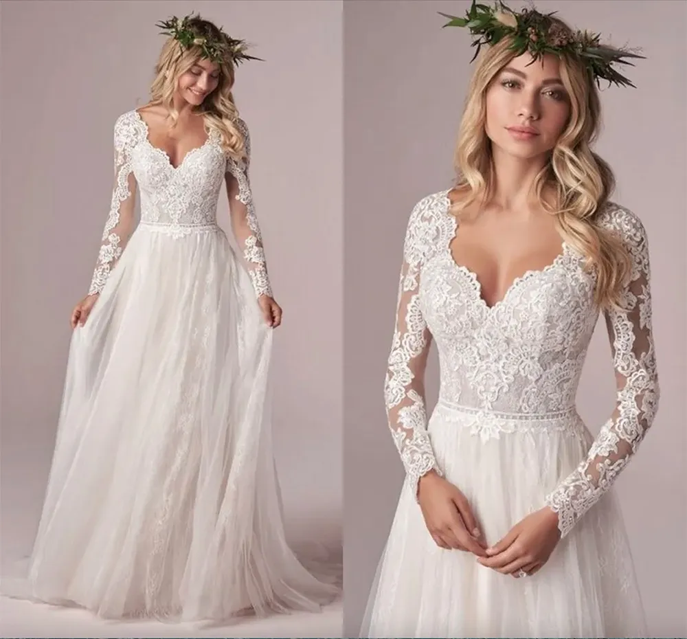 En linje långärmad brudklänningar boho bröllopsklänning 2023 tyll spets lång elfenben vestido de novia öppen plus storlek