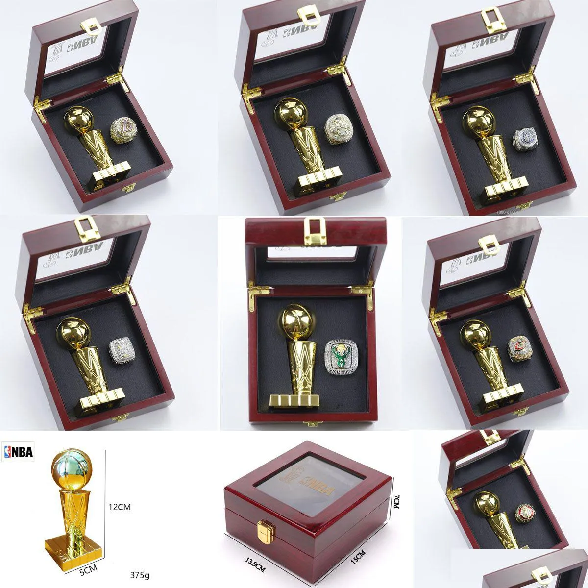 Solitaire-Ring 55 Stück 1967 bis 2023 Basketball Team Champions Championship Trophy mit Holz-Display-Box Set zusammen Sport-Souvenir Dhb0N