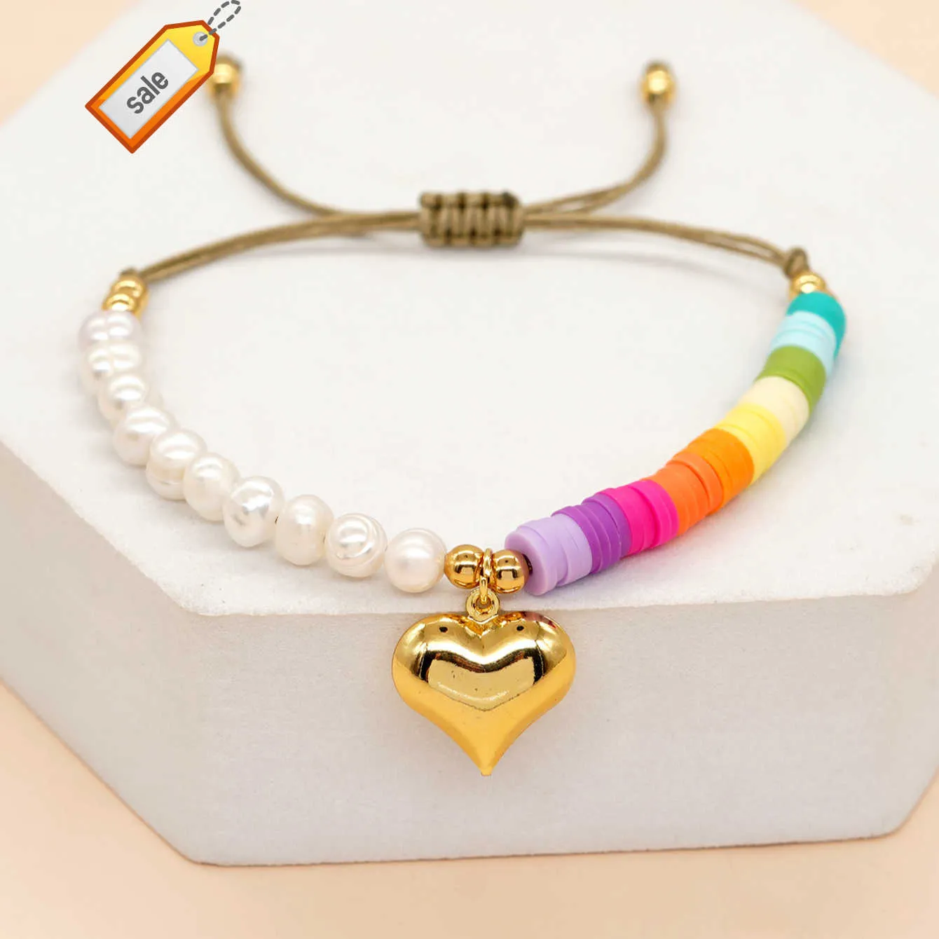 Go2boho Heishi Arcobaleno Perle d'acqua dolce Color oro Braccialetti con ciondoli a cuore per le donne Amicizia Gioielli estivi Boho regolabili