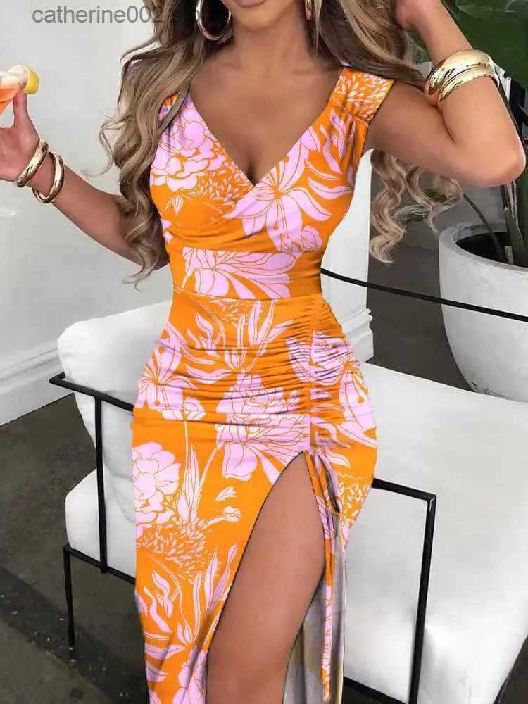 Party Dresses Women's Fashion Sexy High Slit Deep V Neck tight midjeklänning Summer Nya damer Pullover Print ärmlös dragkonstlång klänning T230602