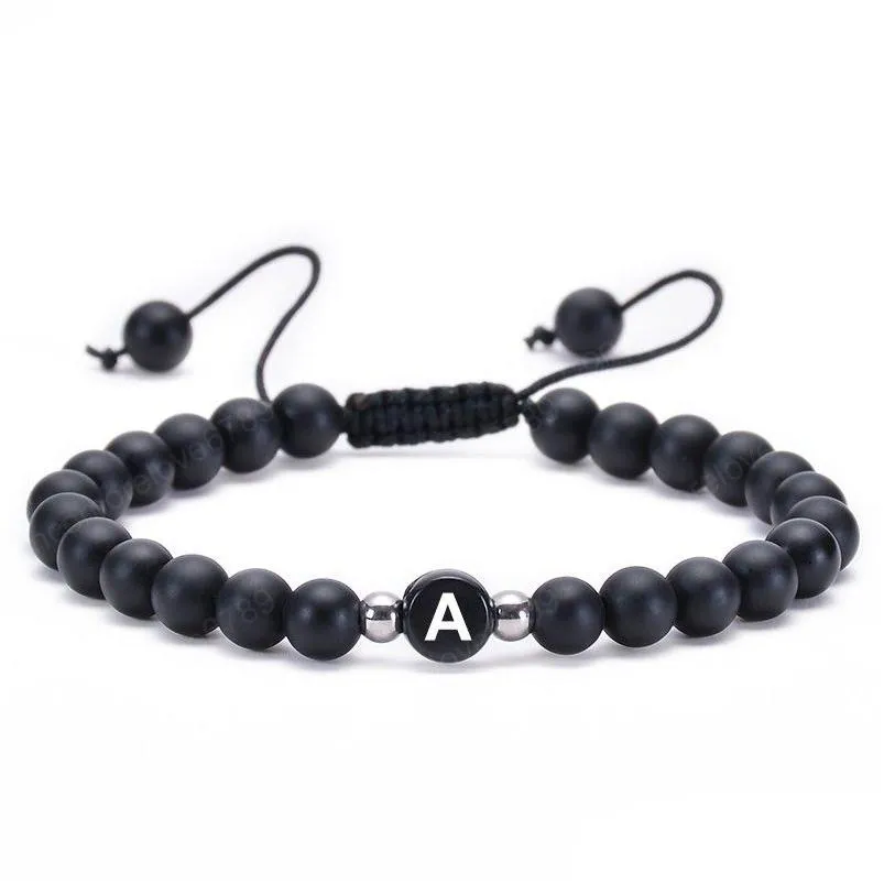 Perlé De Mode Bracelets En Pierre Naturelle Az 26 Lettres Noir Onyx Perles Tressé Strand Bracelet Couple Haute Qualité Bijoux Drop Delive Dhy0C