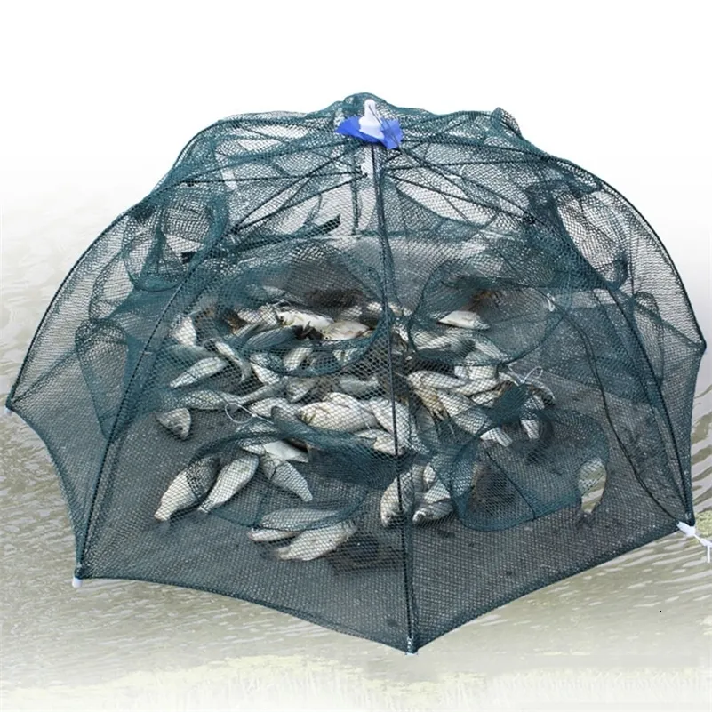 Balıkçılık Aksesuarları Taşınabilir Otomatik Katlanır Şemsiye Tuzağı Tipi Balıkçılık Net Karides Kafesi Yengeç Balık Tuzağı Döküm Net 6/8/10/16/20 Delikler 230601
