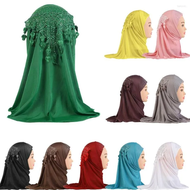 Ethnic Clothing Muslim Kids Girls Instant Hijab Turban Flower Lace Rhinestone Hats Child Islamic Prayer One Piece Amira Underscarf Shawl