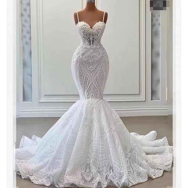 Arabisch ASO EBI Weißer Meerjungfrau Hochzeit Kristalle Spitze Kleider Schatz Bling Perlen Appaletten Pailletten Brautkleid Rückenless Tüll Braut Kleid 403