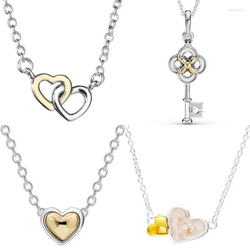 Chains Original Two-tone Key & Flower Luminous Love Interlocked Hearts 925 Sterling Silver Necklace For Fashion Bead Charm DIY Jewelry