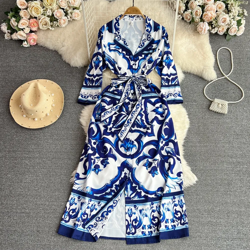 European and American fashion high-class suit with neckline closed and waist thin Blue and white porcelain printed single breasted A-line dress