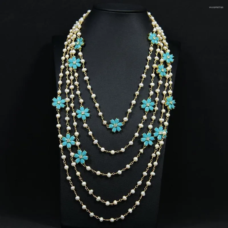 Chains G-G 5 Rows Natural White Pearl Chain Necklace Gold Plated Blue Jade Crystal Pave Flower Connector Fashionable Jewelry