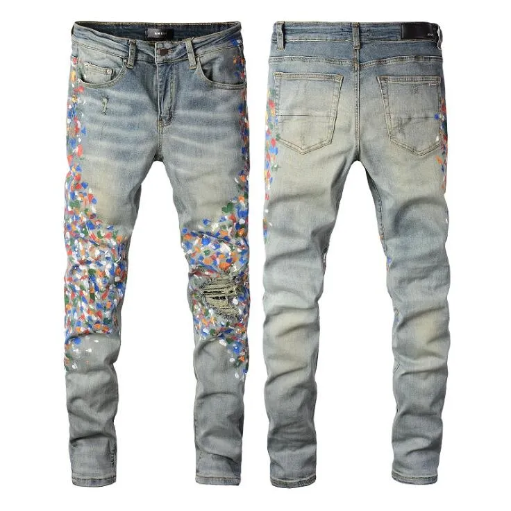 2023 Designer Mens Jeans Pants Ripped High Street Fashion Brand Motorcycle Embroidery Trendy Long Hip Hop With Hole Blue###