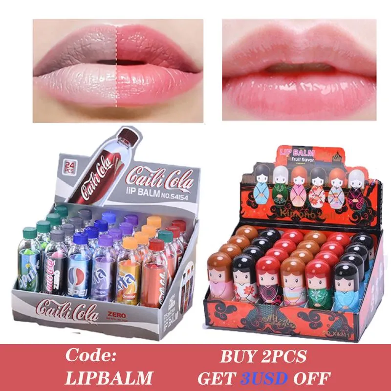 Acessois 24pcs/lote pacote fofo atacado bálsamo de bálsamo de beleza bálsamo de maquiagem lábios Cuidado 6 sabor novidade kawaii makup cor alteração lipbalm