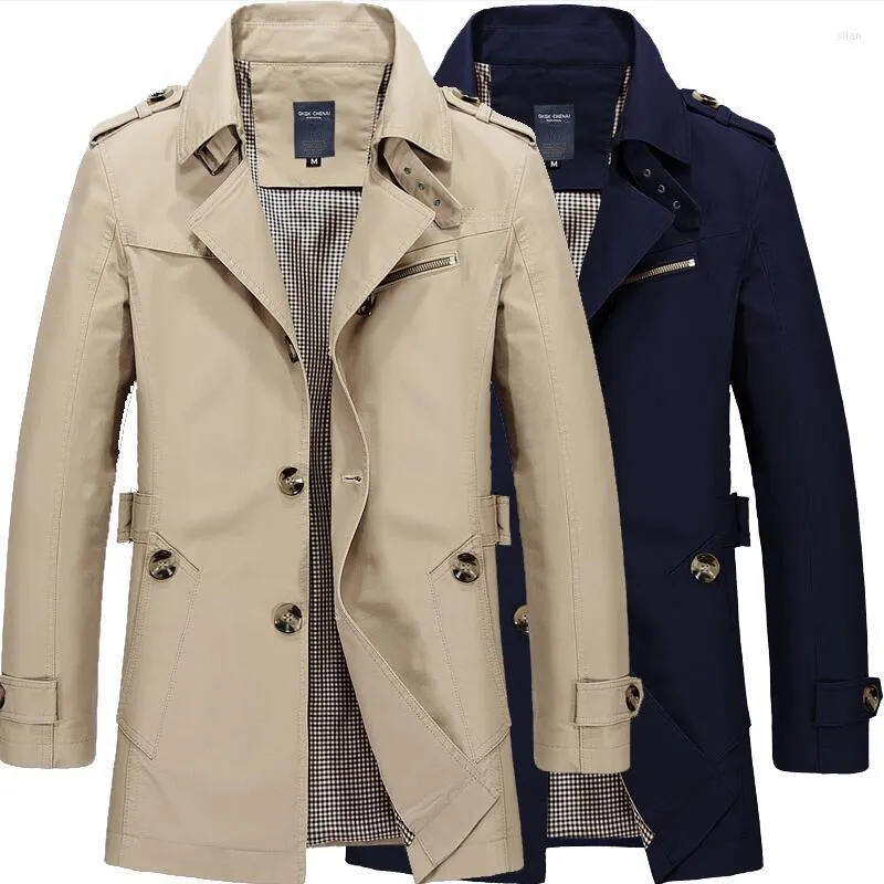Herrgravrockar Spring Casual Business Long Coat Male Single Breasted Turn-Down Collar Jackets Autumn Men Cotton Lightweight Slim