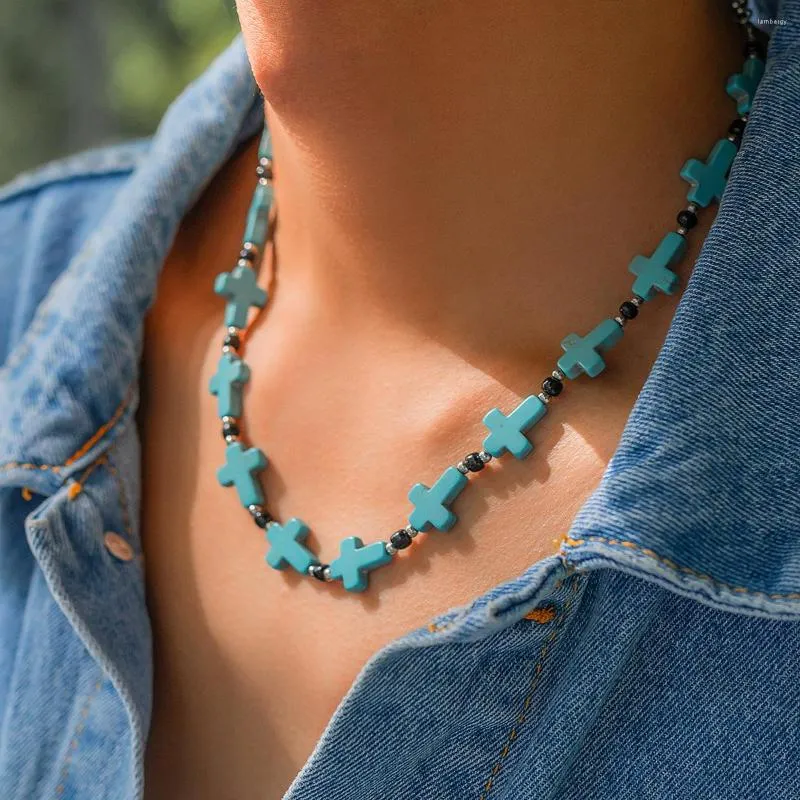 Choker Fashion Croix Turquoise Collier Pour Femme Homme Ados Trendy Punk Hip Hop Chaîne Simple