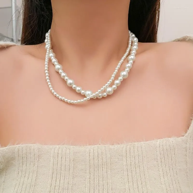 Kedjor masa kvinnlig klassisk dubbel lager justerbar storlek pärlhalsband vintage trend choker halskedja bröllop smycken tillbehör