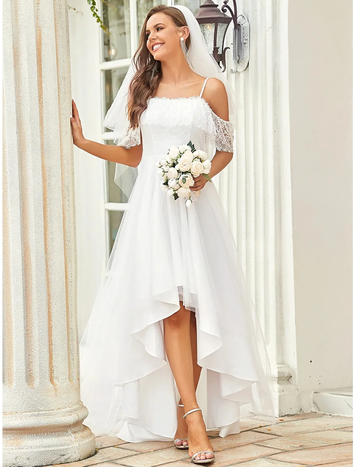 2023 Off-Shoulder Lace Asymmetrical Wedding Dress with High-Low Hemline and Short Sleeves - Perfect for Bridal Parties, Beach Weddings, and More!